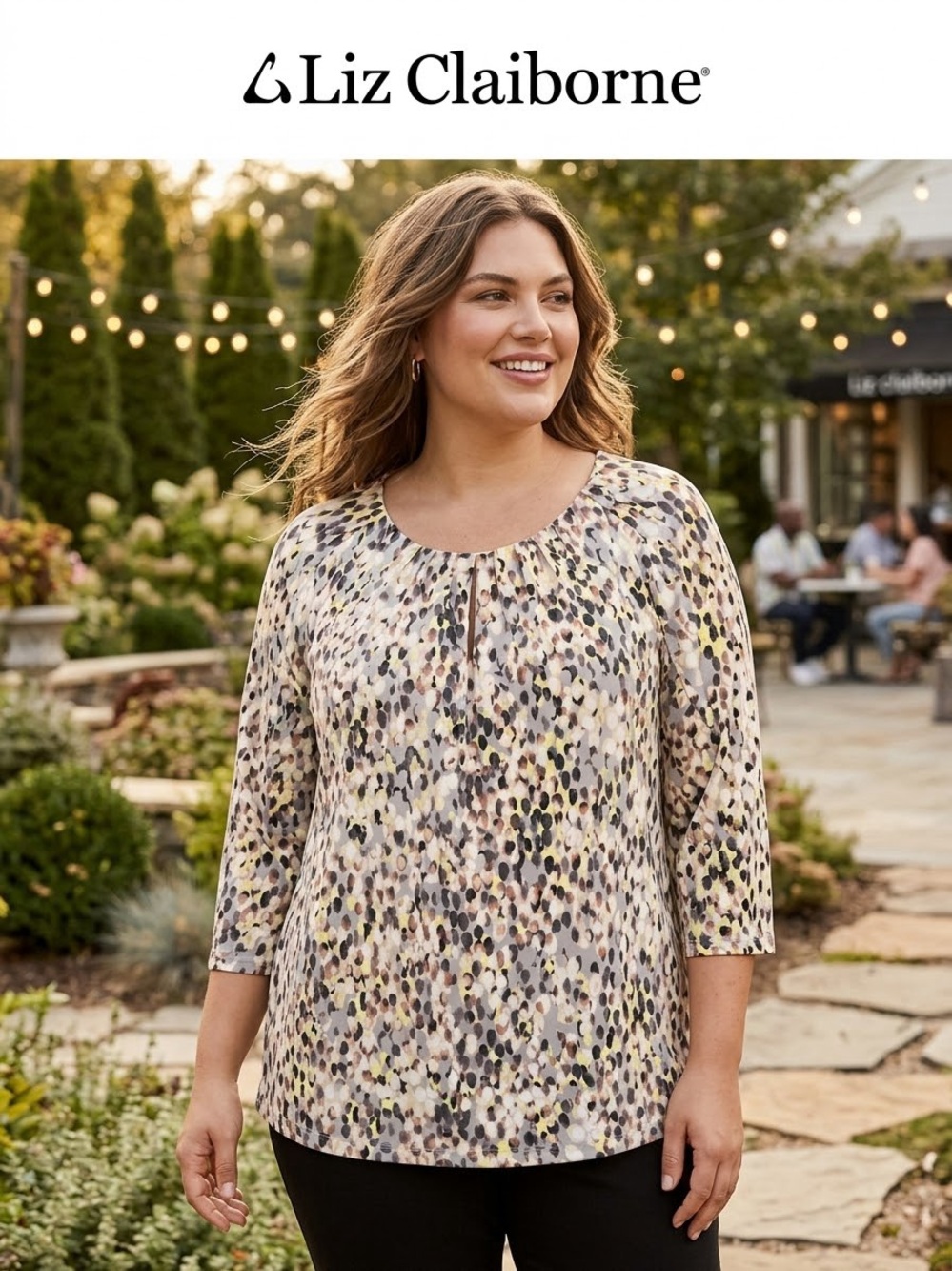 Liz Claiborne Multicolor Dot-Print Scoop Neck Long Sleeve Top